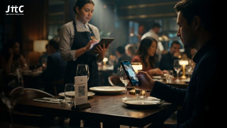 suasana restoran yang menggunakan QR menu di meja, pelanggan memindai QR code dengan smartphone, staf restoran menggunakan tablet untuk mengelola pesanan online,