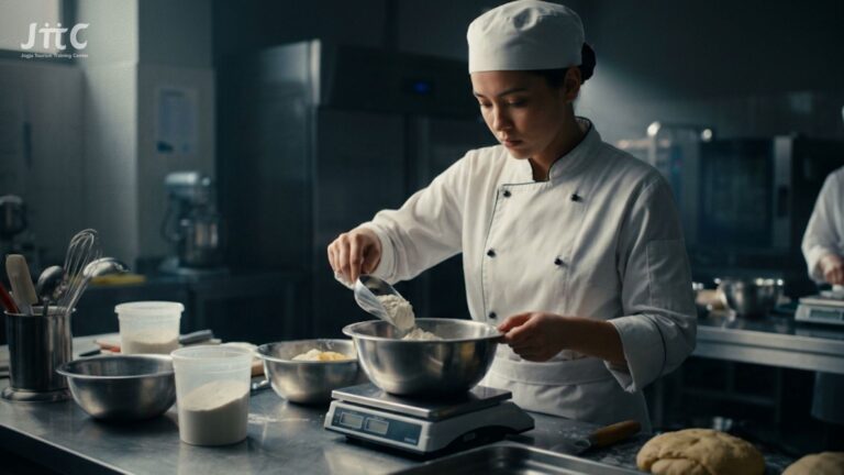 Seorang pastry chef muda sedang mengukur bahan dan mempersiapkan adonan untuk uji sertifikasi BNSP commis pastry.