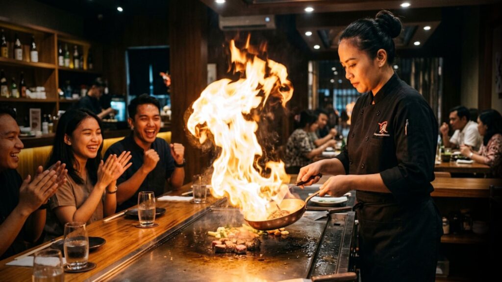 Foto close-up yang estetik dari seorang koki yang sedang melakukan aksi 'flambe' (menyalakan api) di atas grill teppanyaki di depan meja pelanggan yang antusias