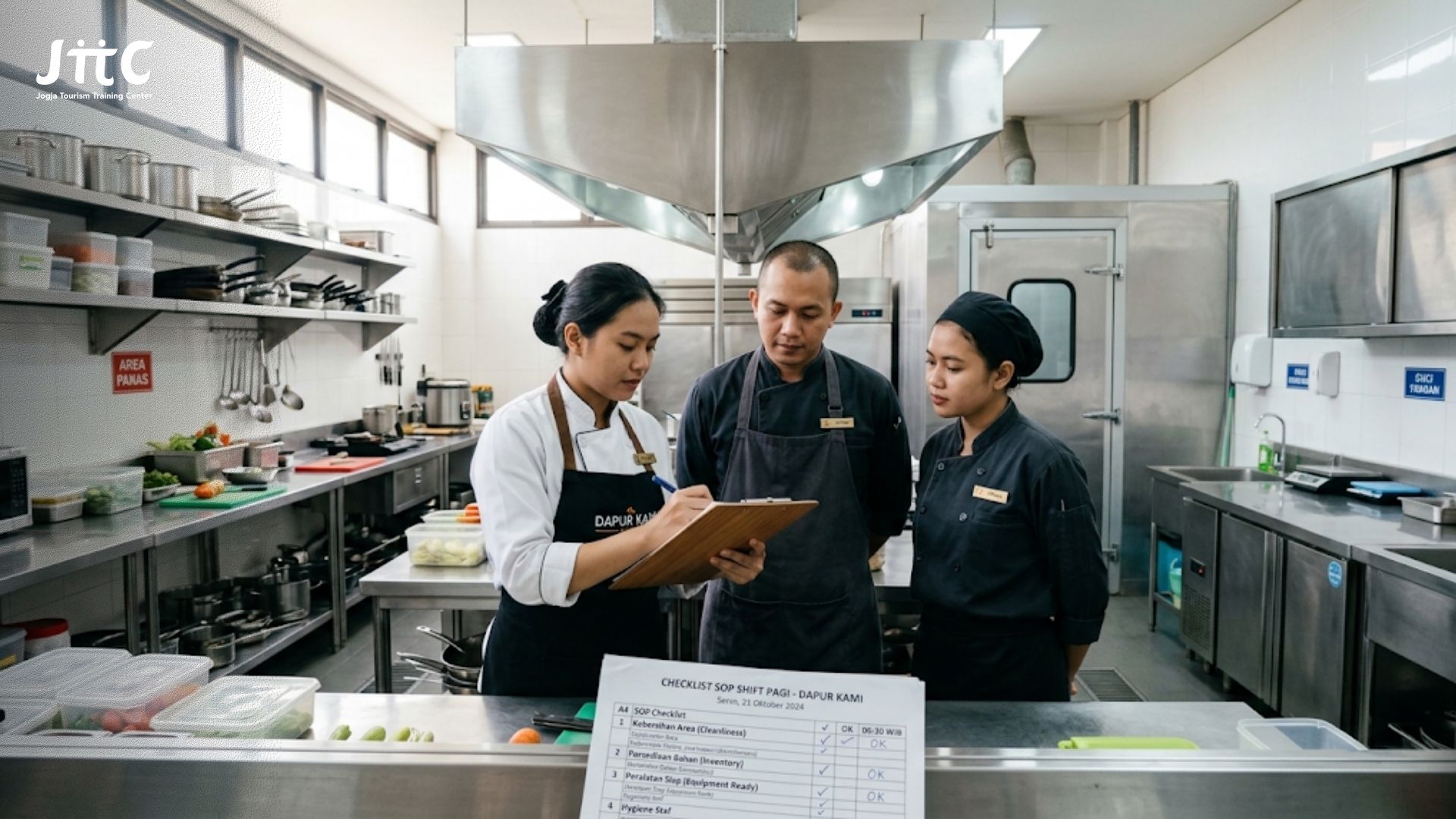 Tim staf kuliner sedang mengecek checklist SOP restoran saat shift pagi di area dapur yang bersih.