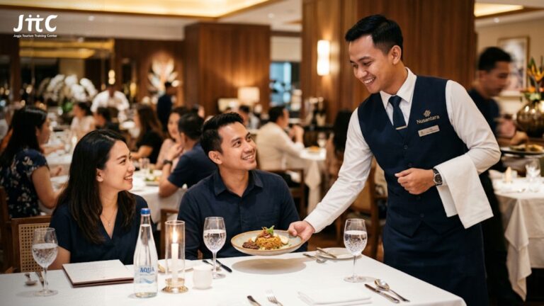 Seorang waiter restoran profesional sedang menyajikan makanan dengan senyuman ramah dan standar pelayanan tinggi.
