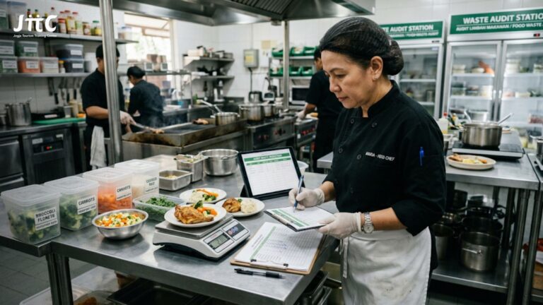 Koki restoran sedang melakukan audit bahan baku dan porsi makanan untuk mengurangi food waste.
