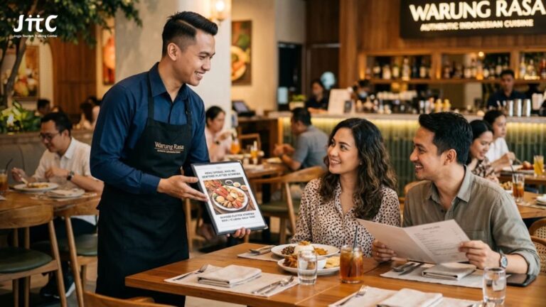 Waiter profesional menerapkan teknik upselling restoran dengan ramah saat melayani pelanggan.
