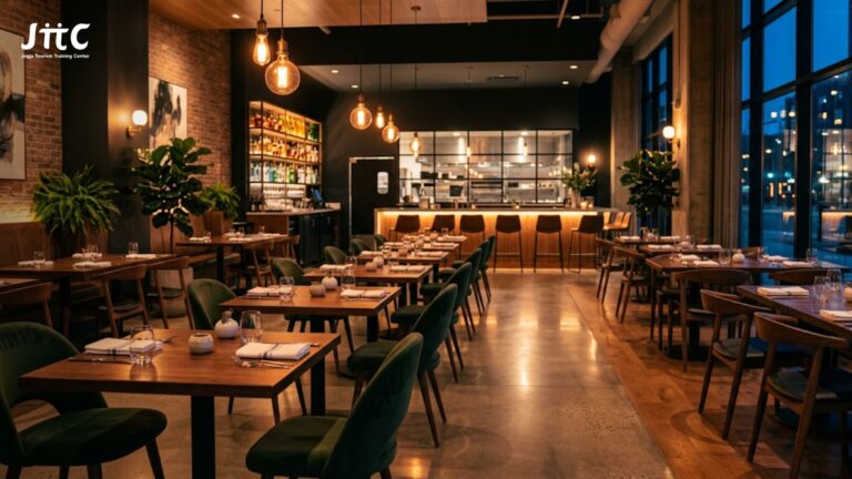 Suasana restoran modern yang sepi pengunjung dengan meja kosong dan pencahayaan hangat.
