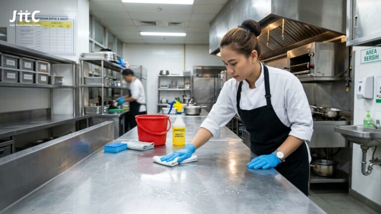 Koki profesional sedang membersihkan meja stainless dapur restoran sesuai standar kebersihan dapur restoran dan HACCP.