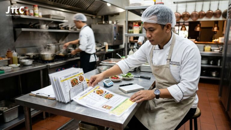 Koki menyusun lembar standar resep masakan di meja dapur restoran