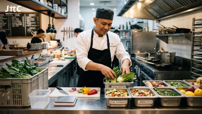Koki restoran sedang memilah dan mengelola bahan makanan di dapur bersih untuk efisiensi limbah.