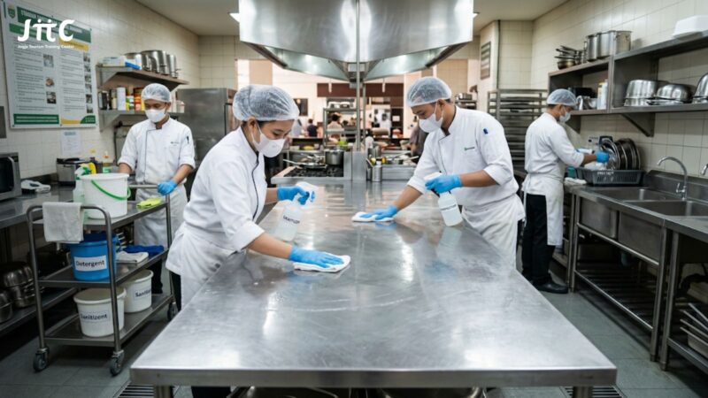 Tim dapur restoran profesional memoles meja olah makanan berbahan stainless steel sesuai standar higiene sanitasi Dinas Kesehatan