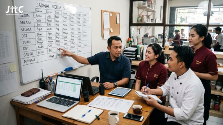 Manajer restoran sedang mendiskusikan cara membuat jadwal shift karyawan restoran bersama staf di meja kerja.