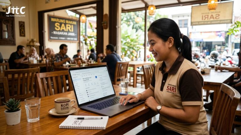 Pemilik restoran sedang melakukan optimasi Google My Business restoran melalui laptop di meja kerja yang rapi.