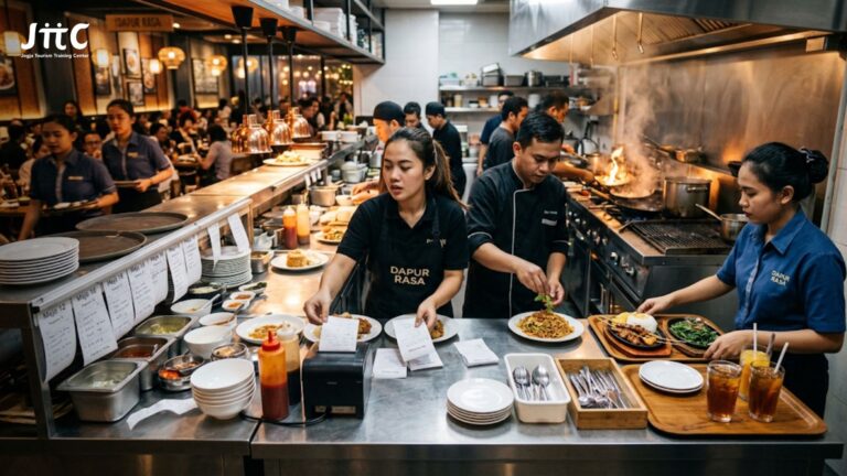 Suasana staf restoran sibuk mengatur pesanan makanan dengan cepat dan efisien saat jam sibuk di akhir pekan.