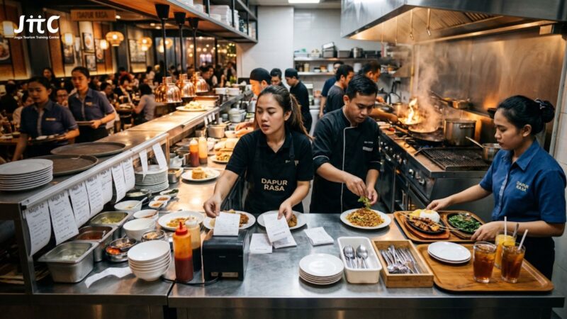 Suasana staf restoran sibuk mengatur pesanan makanan dengan cepat dan efisien saat jam sibuk di akhir pekan.