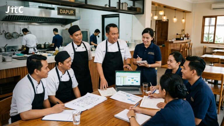Tim dapur dan staf pelayanan restoran sedang berdiskusi merapikan operasional bisnis kuliner.