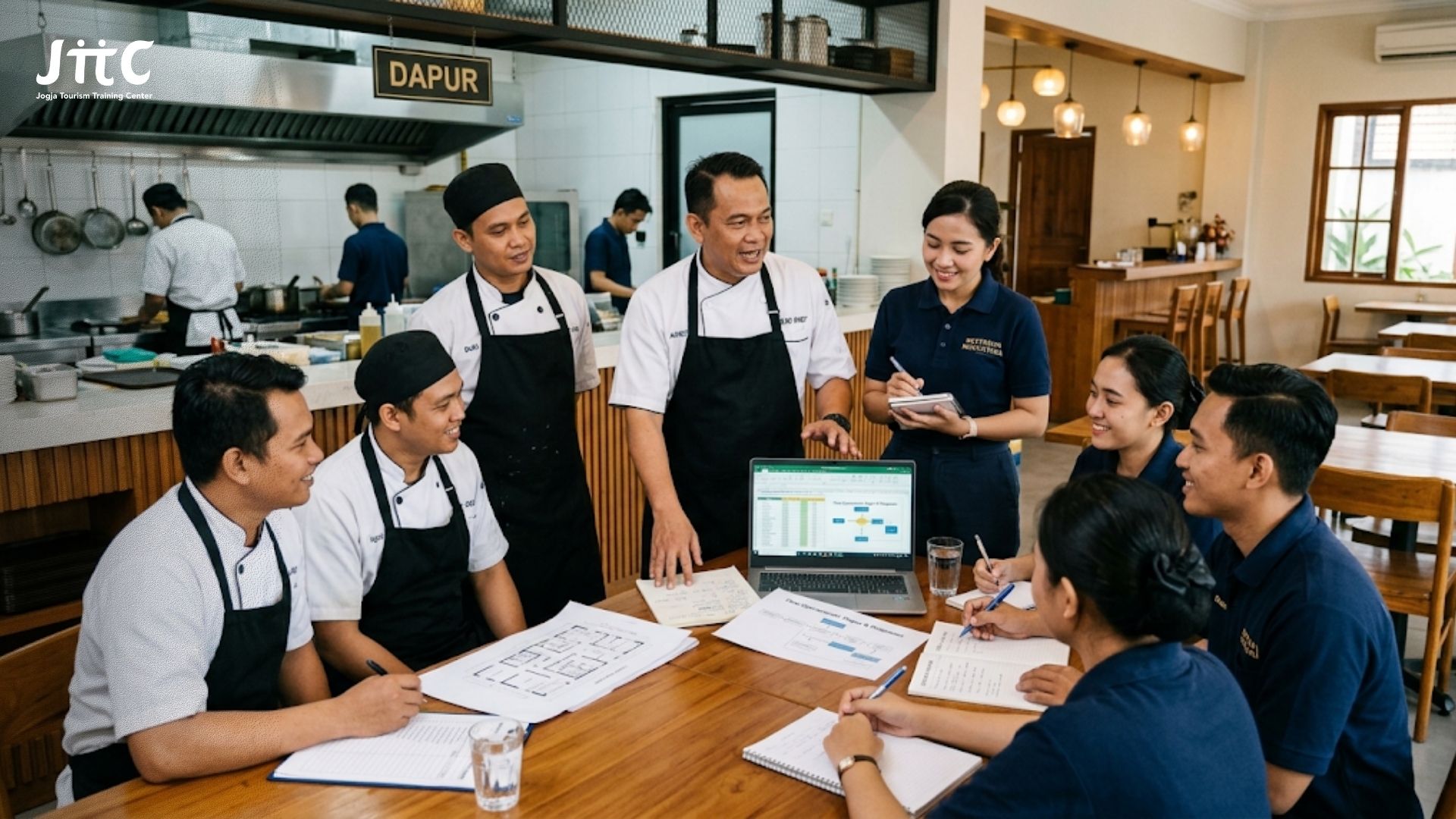 Tim dapur dan staf pelayanan restoran sedang berdiskusi merapikan operasional bisnis kuliner.