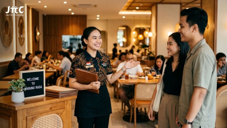 Staf restoran sedang menyapa pelanggan dengan ramah sesuai standar SOP pelayanan restoran