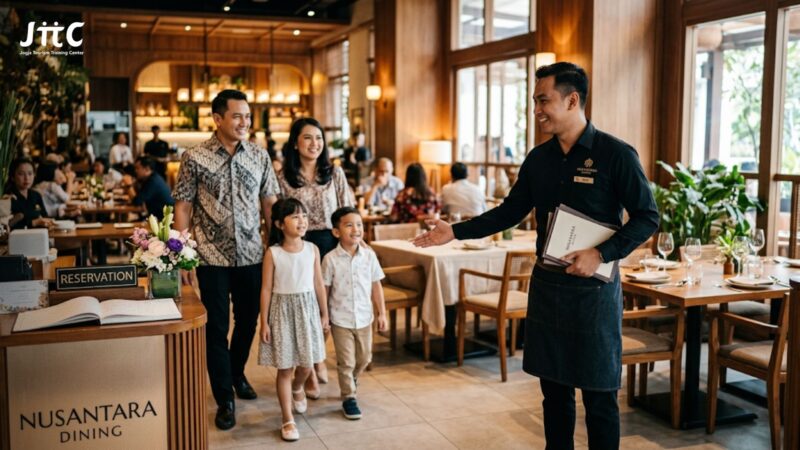 Waiter profesional menyambut tamu restoran dengan ramah saat proses greeting dan seating