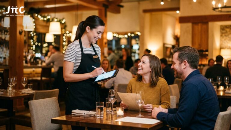 Seorang waiter profesional sedang melayani pengunjung restoran dengan ramah dan penuh perhatian.