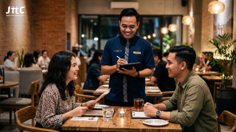Waitress ramah melayani pesanan tamu di meja restoran modern dengan suasana hangat.