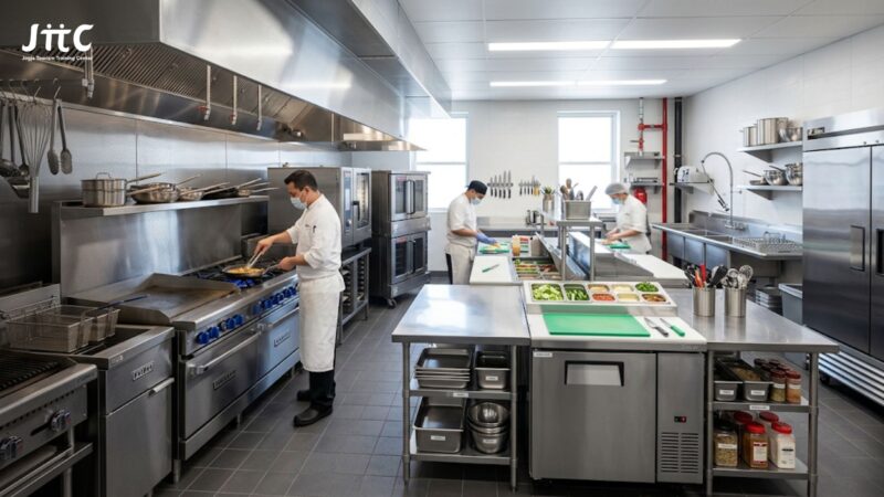 Daftar peralatan dapur restoran komersial stainless steel di dapur profesional yang bersih dan modern