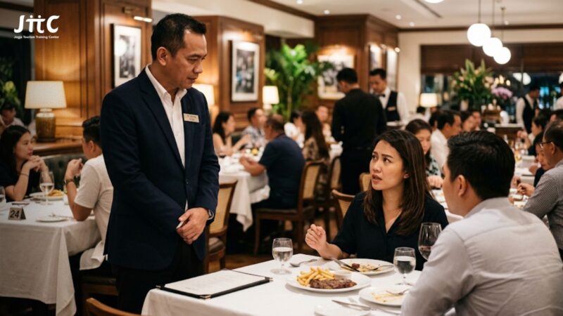 Manajer restoran sedang berdiri mengatasi komplain di restoran secara profesional kepada tamu