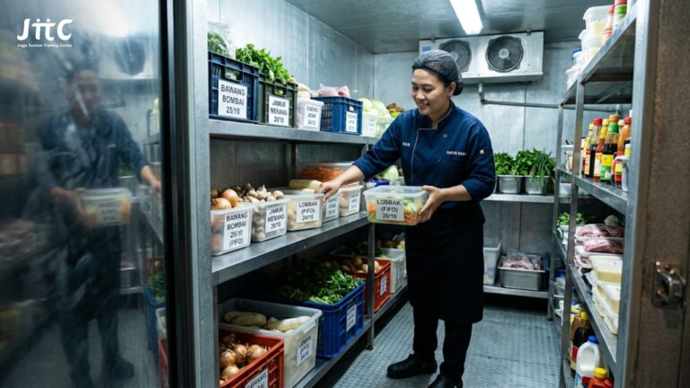 Koki restoran sedang menyusun stok bahan makanan di dalam chiller menggunakan metode FIFO