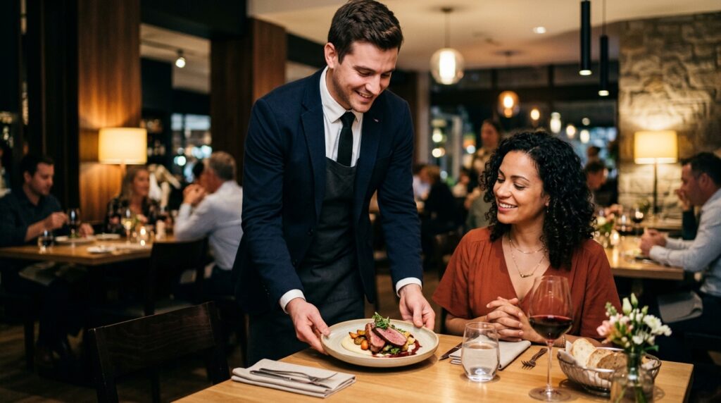 Seorang waiter profesional sedang melayani pengunjung restoran dengan ramah dan penuh perhatian.