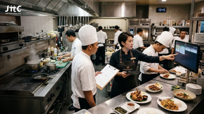 suasana dapur dan manajer yang menerapkan manajemen restoran profesional