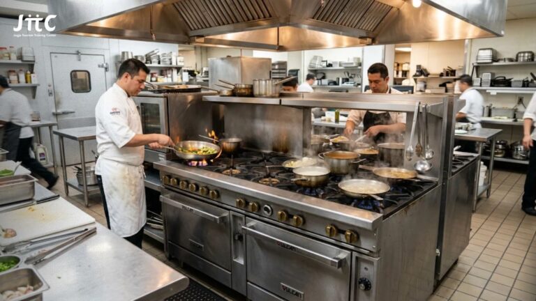 Jenis kompor komersial untuk restoran berbahan stainless steel di dapur profesional.