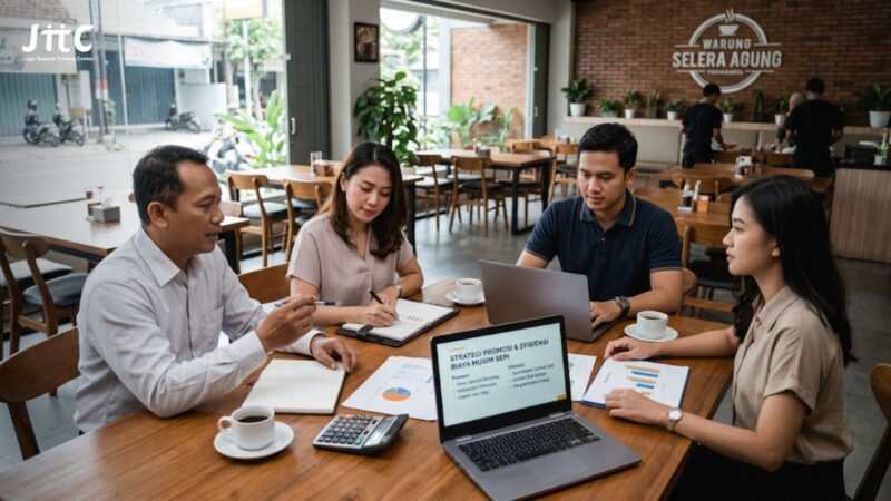 Tim manajemen restoran sedang menyusun strategi promosi dan efisiensi biaya saat musim sepi pengunjung
