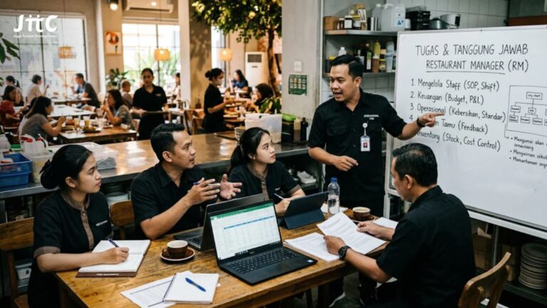 Tim operasional F&B sedang mendiskusikan tugas restaurant manager dalam mengelola restoran.
