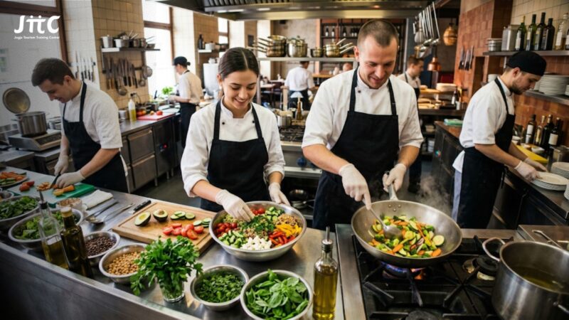 Tim dapur restoran sedang menyiapkan olahan menu vegetarian segar untuk pelanggan