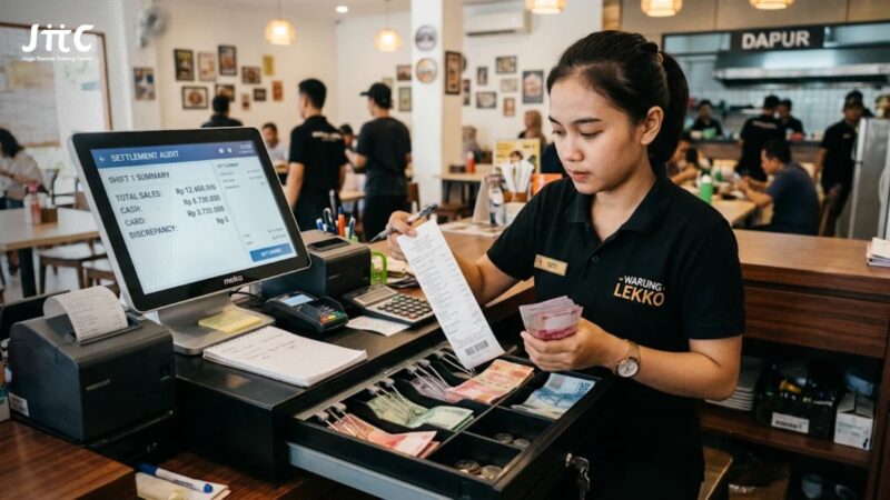 Kasir restoran sedang menghitung uang tunai dan memeriksa struk transaksi sistem POS saat audit settlement shift
