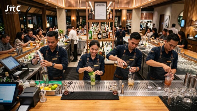 Tim bartender bekerja dengan alur standar operasional bar restoran yang efisien dan rapi.