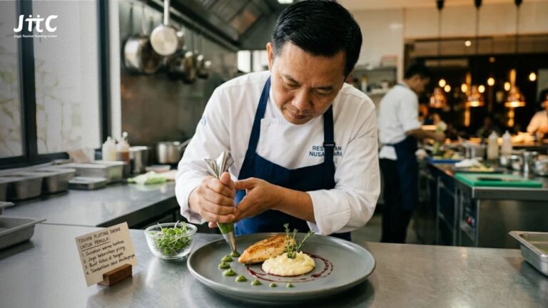Seorang chef profesional mengaplikasikan teknik plating makanan untuk pemula pada piring saji restoran