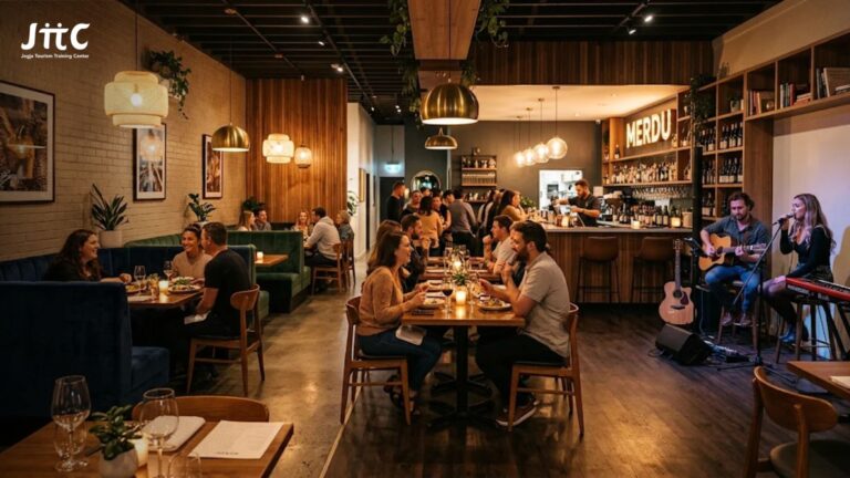 interior restoran modern yang nyaman dengan suasana musik latar menyenangkan.