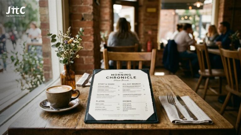 deskripsi menu makanan restoran di atas meja makan kayu modern