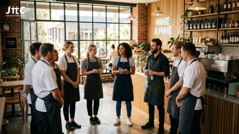 Tim restoran sedang mengikuti morning briefing 10 menit sebelum jam buka toko