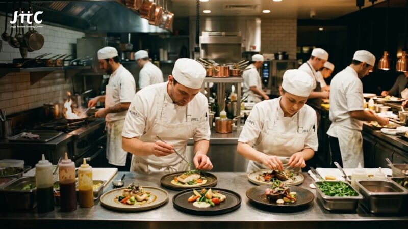 Executive Chef dan Sous Chef sedang berdiskusi mengenai menu dan standar kualitas hidangan.