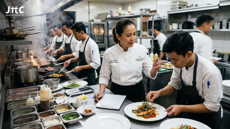 Head chef profesional sedang mengawasi penyajian makanan dan mengelola tim di dapur restoran.