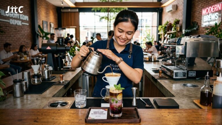 Barista profesional sedang menyeduh kopi mocktail menggunakan teknik modern di kedai kopi kekinian Indonesia.
