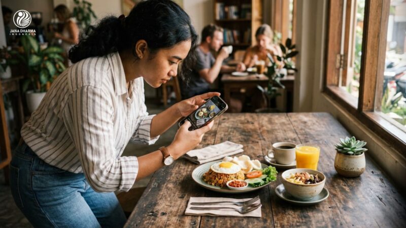 Seorang fotografer kuliner sedang menyusun angle foto makanan menggunakan smartphone di atas meja kayu