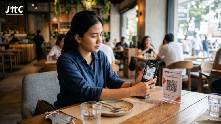 Pelanggan restoran memindai kode QRIS untuk transaksi pembayaran cashless melalui smartphone di meja makan modern