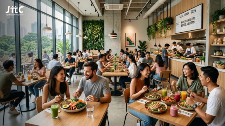 Suasana restoran modern dengan pengunjung menikmati hidangan sehat di tahun 2026