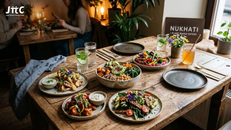 Sajian menu plant-based modern dan sehat di atas meja restoran kayu yang estetis