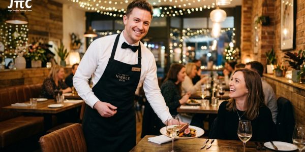 Waiter restoran tampil rapi dan ramah menyapa tamu