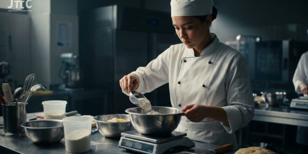 Seorang pastry chef muda sedang mengukur bahan dan mempersiapkan adonan untuk uji sertifikasi BNSP commis pastry.