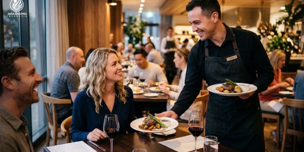 Seorang waiter profesional tersenyum ramah saat menyajikan makanan lezat kepada pelanggan di restoran