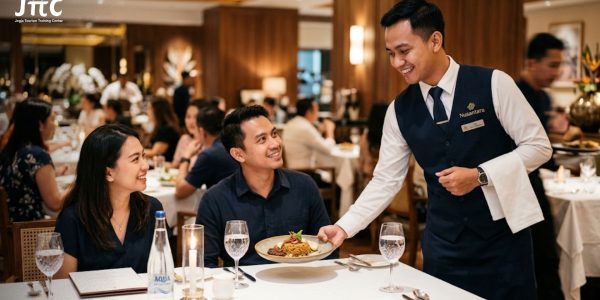 Seorang waiter restoran profesional sedang menyajikan makanan dengan senyuman ramah dan standar pelayanan tinggi.