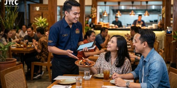 Pramusaji restoran sedang menerapkan strategi upselling restoran dengan merekomendasikan menu spesial kepada pelanggan