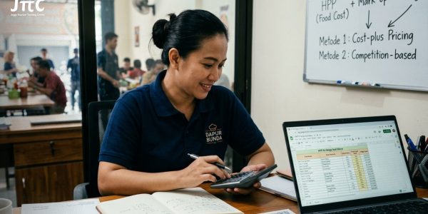 Pengusaha kuliner sedang menghitung cara menentukan harga jual makanan di restoran.
